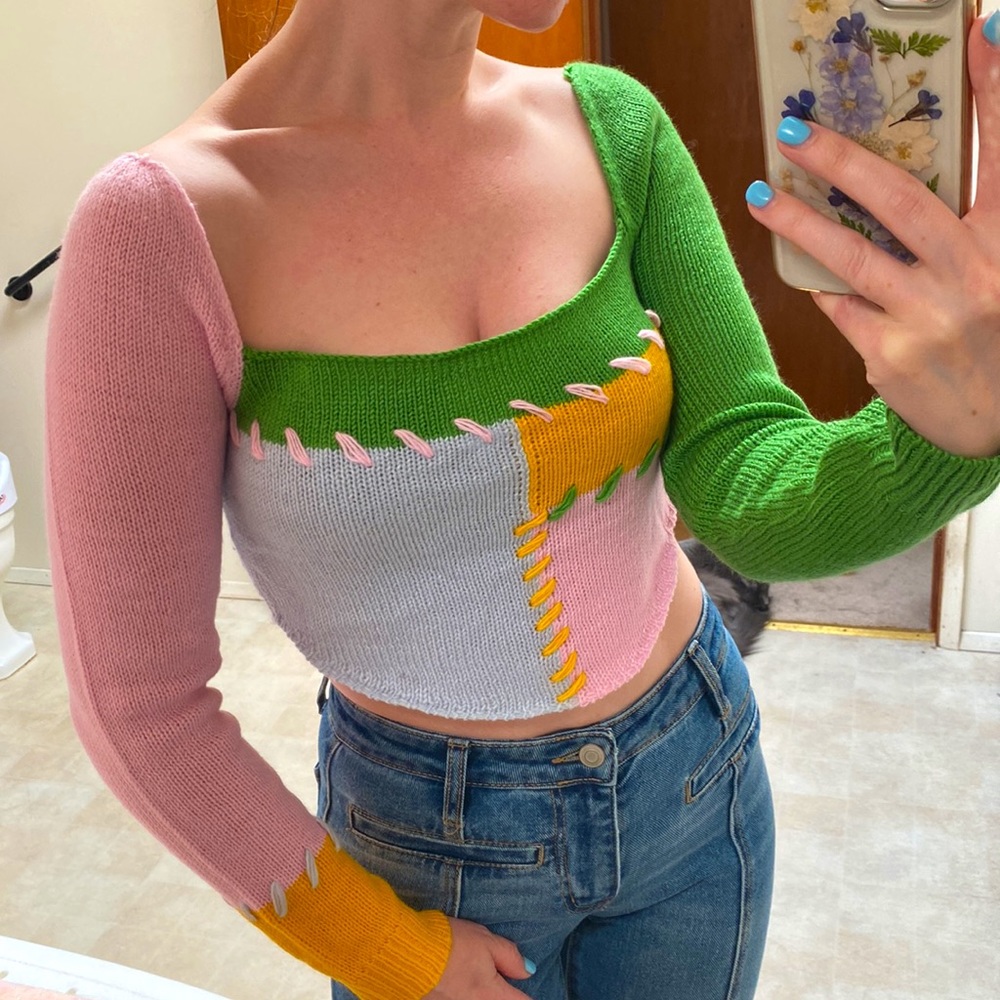 Shein • Adorable Patchwork Cropped Sweater - Picture 11 of 14